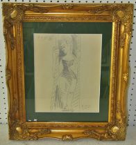 After Picasso (Spanish, 1881-1973), pencil sketch, full length portrait of a young lady, dated 17.