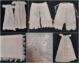 Collection of late 19th/ early 20th century textiles comprising 2 pairs of lace trimmed split