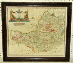 A hand coloured map of Somerset by Robert Morden 38 x 43 cm, framed and glazed, together with a 19th