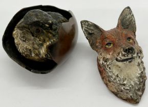 Cold painted bronze fox mask and a further figure of a chick emerging from an egg