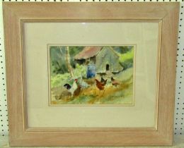 Jane Lampard (local Gloucestershire artist, contemporary) 'Sarah’s Hens', watercolour, 19 x 25 cm,