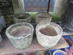 Two pairs of small weathered composition stone planters in the form of coopered half barrels, approx