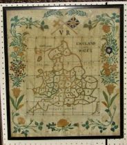 A Victorian embroidered silk sampler map of England & Wales, the counties defined and initialled,