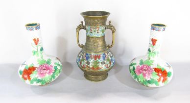 A pair of Chinese cloisonné vases with a floral design on a gold cloud ground, and a single two