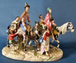 A large Naples porcelain figure group, figures on horseback with children in attendance, 21 cm high,