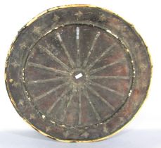A wooden concave fighting shield from Laos, with iron spandrel strapping, originally with two