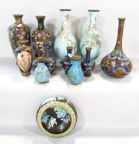 Eleven Cloisonné vases, including a pair of light blue decorated in cherry blossom and birds, 28