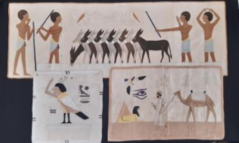 3 early-mid 20th century Egyptian pictorial panels depicting characters, animal and heiroglyphs in