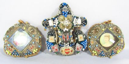 Two First World War handmade bead work Forget-Me-Not pin cushion with King George V and Queen Mary