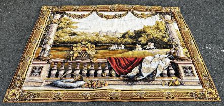 A Tapestry wall hanging of a 18th century hunting scene in the foreground and chateau in the