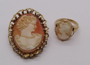 Vintage 9ct cameo brooch depicting a lady together with a similar ring, size M, 14g total
