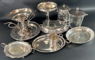 A mixed selection of good quality silver plate including cake stands, trays and dishes, tureens, ice