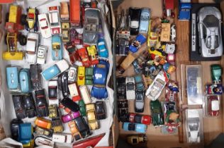 2 boxes of model vehicles by Dinky, Corgi, Spot-On, Matchbox etc, all playworn and unboxed including