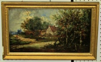 After John Constable (1776-1837) lakeside cottage scene with woodland and distant figure, oil on