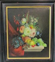 20th century Dutch school, still life with flowers and fruit, unsigned, oil on canvas, 660 x 550 cm