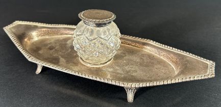 A silver Victorian boat-shaped inkstand with cut glass inkwell, London 1893, makers mark Susannah