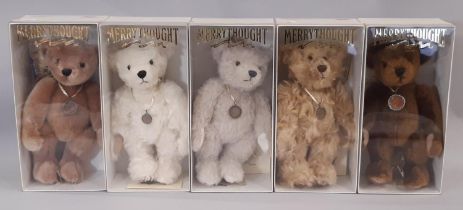 Five Merrythought limited edition boxed teddy bears, each wearing a coin as a pendant including