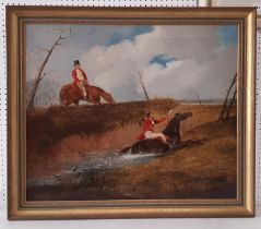 British School, 19th Century - hunting scene with one horse rider overlooking another in the
