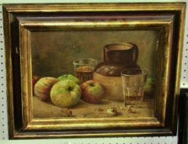 Late 19th/early 20th c English school, still life with apples, walnuts, glasses filled with cider