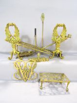 19th century brass fire furniture, including a three piece poker, tongs and shovel set, a pair of