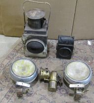 A miscellaneous collection to include railway lamps, a pair of chrome mounted 20th century
