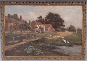 19th century English School, village scene, figures before cottages, beside a brook and bridge,