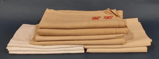 Collection of French type linen sheets in natural ecru shades comprising 2 with embroidered initials