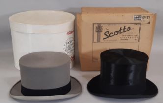 Black silk top hat by Scott & Co, internal size 20x15.5cm together with a grey top hat by Lincoln