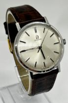 Omega gentleman's wristwatch CAL.601 in stainless steel case with crocodile strap, running