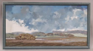 20th century British school, atmospheric landscape with fields, copse and distant hills,