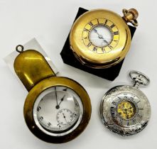 A gold plated Denison pocket watch, a brass miners pocket watch, four further pocket watches and a