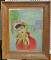 A 20th century stylised continental portrait of a lady in red coat and floral bonnet, signed lower