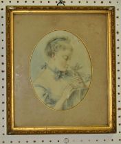 An early 19th century study of a young lady in pale blue dress accompanied by a songbird, pencil and