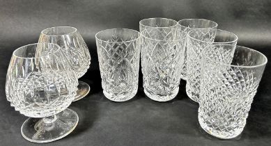 Six various Waterford crystal drinking glasses / beakers together with two Dublin crystal brandy