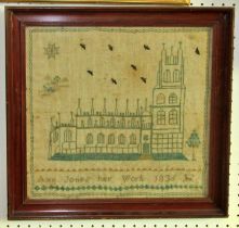 A William IV English cross stitch embroidered sampler detailing a cathedral and scripted panel Ann