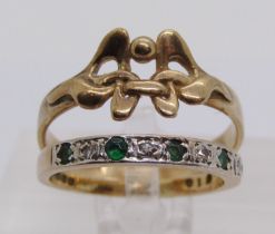 Two 9ct rings; an Art Nouveau style ring, maker 'RP', Sheffield 1988, size O and a 1970s emerald and