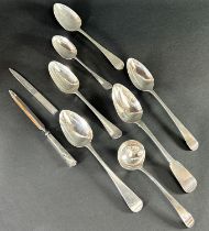 A selection of five 19th century silver serving spoons including a William Cummins Dublin 1828,