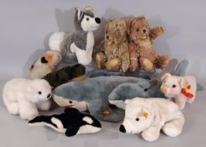 Eight vintage Steiff animal toys, all with pin in ear including Orca Killer Whale 063312, Scotty
