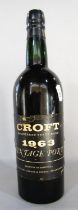 A bottle of vintage 1963 Croft Port with intact wax seal.