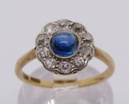 Art Deco 18ct cabochon sapphire and old-cut diamond cluster ring with platinum setting, size L/M,