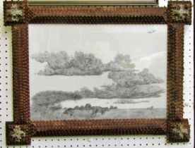 Two similar Victorian Oxford type tramp art picture frames, each accommodating monochrome prints