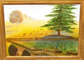 After Constance Wenlock (1853-1902), a stylised estate view with deer before parkland, oil on board,
