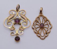 Two 9ct paste set pendants to include an Art Nouveau example, 2.3g total