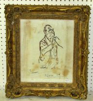 A gilt-framed 20th century sketch of a gentleman on silk, signed ‘Augham’ and ‘Nice’, dated ‘56’, 30