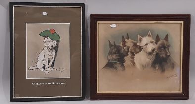 After Fannie Moody, a coloured print of four terriers, 32 x 39cm together with a print After Cecil