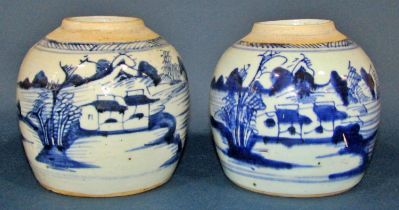 A pair oF Chinese export blue and white ceramic ginger jars, each decorated with landscapes