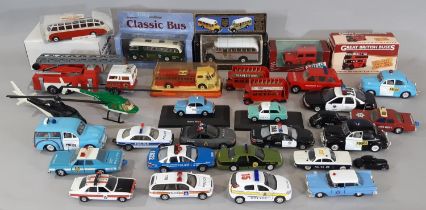 A collection of model service vehicles, mostly unboxed including models by Lesney, Saico,
