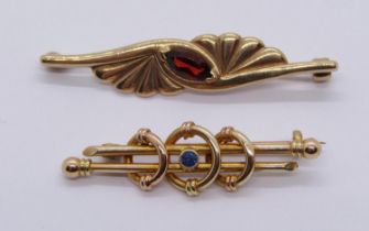 Vintage 9ct bar brooch set with a marquise cut garnet, 4g, together with a further antique yellow