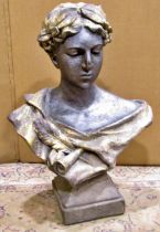 A decorative reproduction bust of a classically presented maiden, crowned with laurels, painted