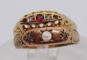 Two antique gypsy rings; an 18ct ruby and diamond example, Chester 1904, size M, 1.9g and a 9ct